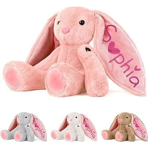 Personalized Bunny Plush for Kids Custom Bunny with Embroidered Name, Stuffed Animal for Toddler 1-3+ Girls Boys Bunnys Plush Toys Personalized Baby Newborn Kids Gifts for First Birthday Easter
