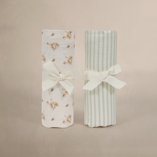 'Dainty Floral' & 'Sea Moss' Sage Green Stripe - Muslin Swaddle Blanket Set