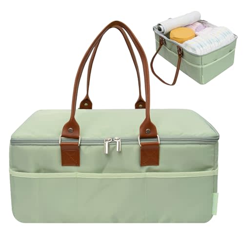 Picsthetic Diaper Caddy Organizer, Baby Essentials Basket With Lid, Polyester Waterproof Car Caddy, Portable and Foldable with Handle/8 Side Pockets (Green)