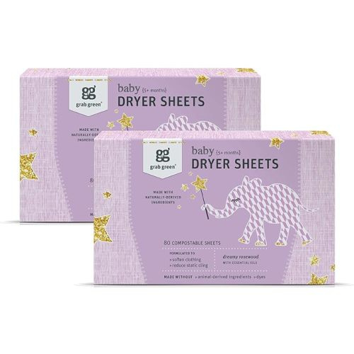 Grab Green Baby Laundry Dryer Sheets, 160 Sheets, Dreamy Rosewood Scent, Plant and Mineral Based, Compostable, Softens Clothing and Linens, Reduces Static Cling