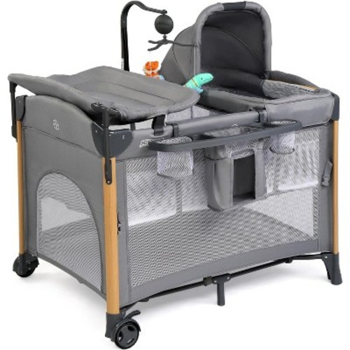 JOYMOR 7 in 1 Bedside Bassinet with Changing Table, All in One Nursery Center, Bedside Sleeper with Mattress, Sheet, Canopy, Storage Shelf,Gray