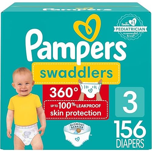 Pampers Swaddlers 360 Pull on Diapers, size 3, 156 count, for up to 100% Leakproof Skin Protection and easy changes