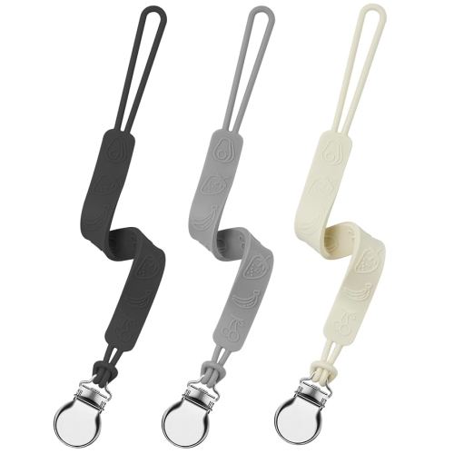 Silicone Pacifier Clip, Seposeve Pack of 3 Baby Pacifier Teether Clip with 4 Texture, Soft Flexible Silicone Pacifier Leashes & Cases for Boy and Girl, Keeps Pacifier Clean, Black Grey White