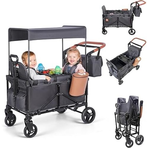 2-in-1 Wagon Stroller for 2 Kids – Adjustable Push & Pull Handle All‑Terrain Wagon with Canopy, 5‑Point Harnesses, sanck Tray 2-in-1 Storage Bag, Lightweight, Compact – Grey