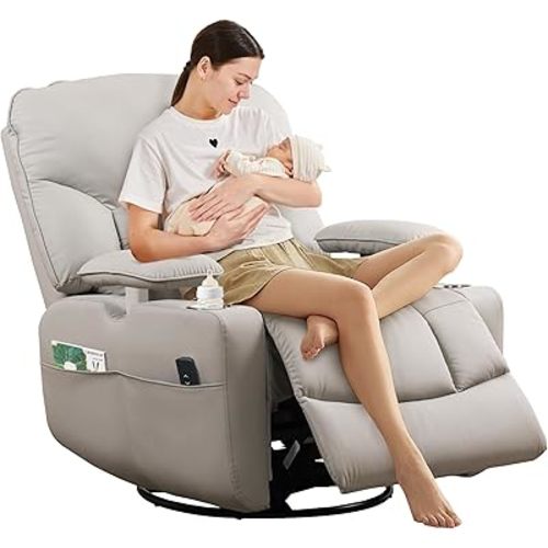SUNWAVE Power Nursery Rocking Chair with Adjustable Armrests, Nursing Chair with USB, Cup Holders, Swivel Rocker Recliner with PU Leather Fabric