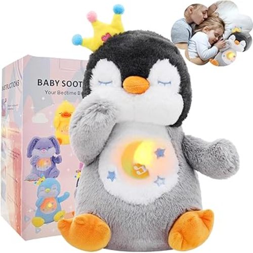 Breathing Stuffed Animal, Soothe Snuggle Penguin Plush for Anxiety Adults and Kids, Volume Control, Machine Washable, Sleep Buddy Soothing Penguin with Realistic Breathing and Lights Music, 4 Modes
