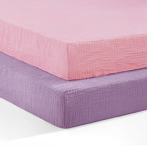 Pro Goleem Muslin Pack n Play Sheets for Girls, Soft Breathable Cotton Fitted Mini Crib Sheets, Baby Sheets for Playard Mattress, 2 Pack (Pink＆Purple)