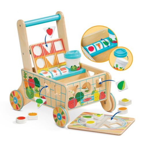 Melissa & Doug Wooden Shape Sorting Grocery Cart Push Toy and Puzzles