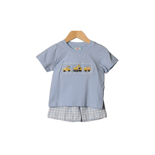 Smocked Construction Blue Gingham Knit Short Set
