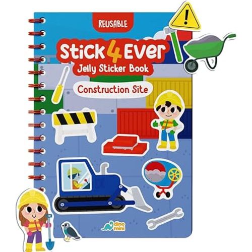 Stick4Ever Jelly Sticker Book - for Kids - Waterproof, Easy to Clean Reusable Sticker Book for Toddlers- Reusable Road Trip Activities for Kids - Stocking Stuffers for Toddlers (Construction)