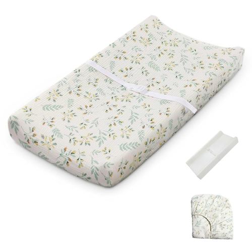 Blissful Diary Muslin Baby Changing Pad with Waterproof Lining Foam, Diaper Changing Table Pad with Cover for Dressers (Botanical Leaf, Rectangular)
