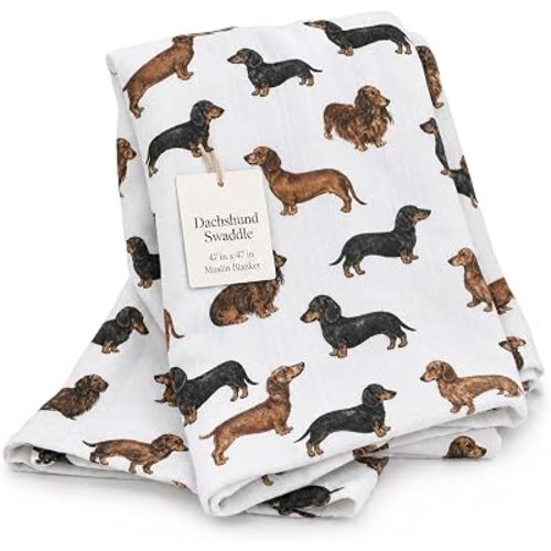 Mud Pie Dachshund Muslin Swaddle Blanket, Baby Receiving Blanket with Watercolor Weiner Dog Print