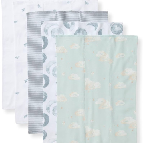 Burt's Bees Baby Infant Burp Cloths, 100% Organic Cotton Extra Absorbent Soft Fabric Drool Cloths, 5-Pack Newborn Must-Have Essential Large Burping Cloths, One Size 17 x 11.75 Inches - Hello Moon