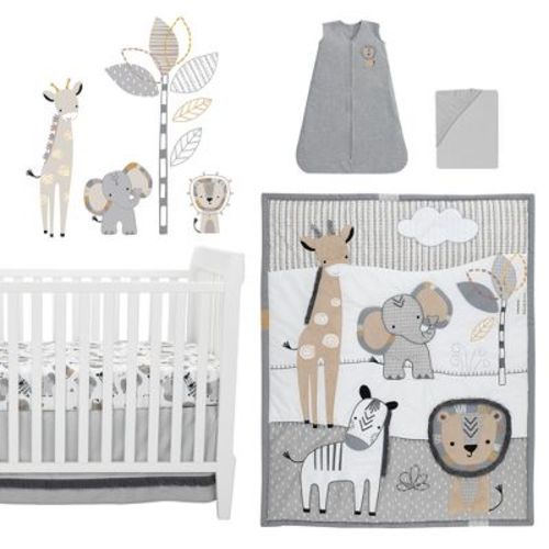Lambs & Ivy Jungle Safari Gray/tan/white Nursery 6-piece Baby Crib Bedding Set
