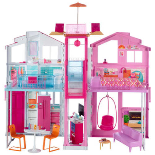 Barbie 3-Story Townhouse Dollhouse With Elevator, Swing Chair, Furniture And Accessories