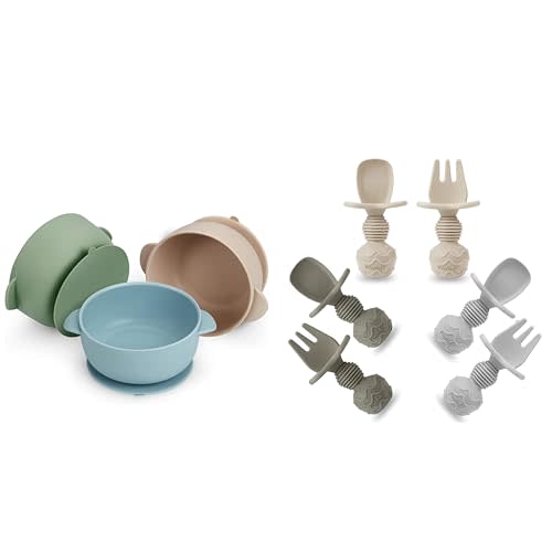 PandaEar 3 Pack Baby Bowls & 6 Pack Silicone Baby Spoons and Fork