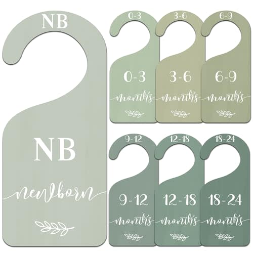 Whaline 7Pcs Green Wooden Baby Closet Size Dividers with Green Velvet Bag Newborn to 24 Month Thicken Infant Wardrobe Hanger Organizers for Home Nursery Party Gift Supplies