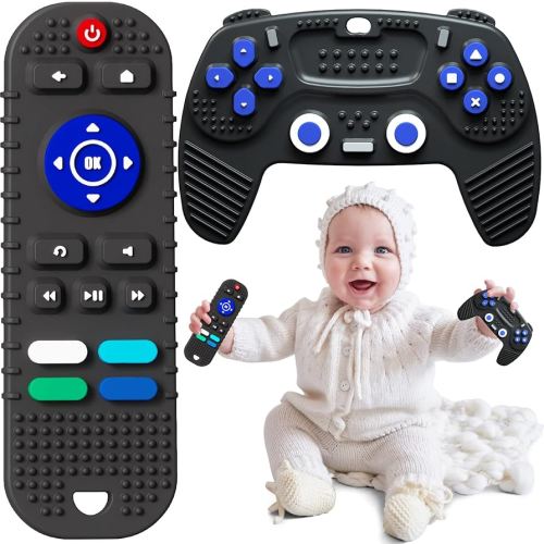 2 Pack Remote Control and Game Controller Teething Toys for Baby 3 Months and Up, Chew Toys for Boys and Girls Gifts (Black)