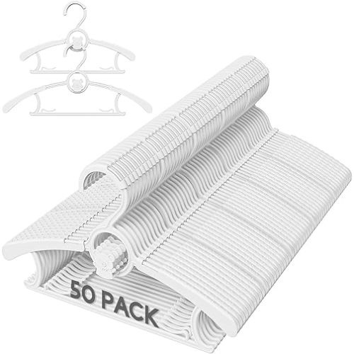 50 Pack Kids Hangers for Nursery Closet, Adjustable Non-Slip Toddler Baby Hangers with Windproof Buckle, 11-14" Infant Child Plastic Clothes Pant Hanger for Boys Girls Newborn Adult, White