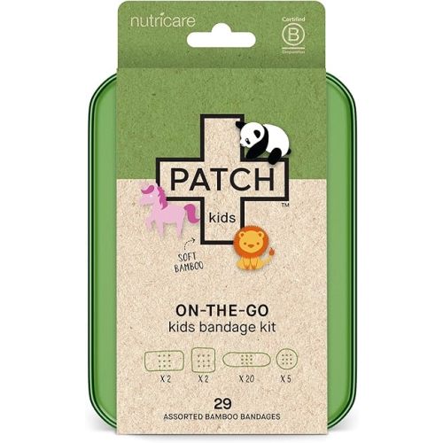 Patch Kids On-The-Go Natural Bamboo Adhesive Bandage Kit for Sensitive Skin, Eco-Friendly Hypoallergenic Bandages for Sensitive Skin. Non Toxic Bandages for Boys & Girls with Cute Prints, 29 ct Small