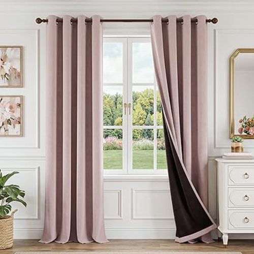 FMFUNCTEX 100% Blackout Curtains for Bedroom, Blush Pink Curtains 90 Inches Long Textured Thermal Insulated Curtains for Living Room Drapes, Black Out Drapery Grommet Room Darkening 2 Panels