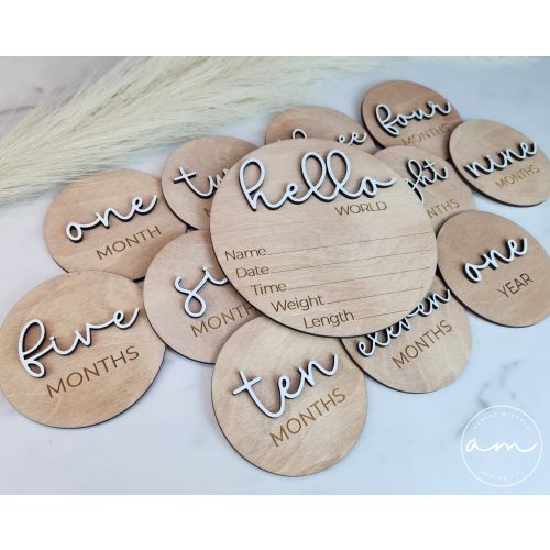 Baby Monthly Milestone Markers | Wooden | Boho | Baby Photos | Gift | Milestone Disks | Signs | Hello World | Baby Shower | Milestone Cards