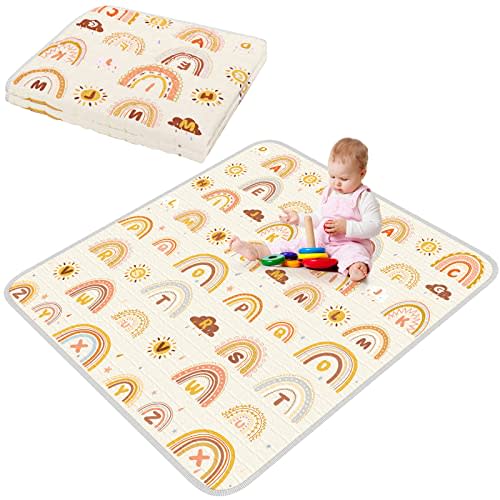 Funtery 43 x 43 Inch Boho Rainbow Baby Play Mat Portable Crawling Washable Foldable Tummy Time Non Slip Baby Floor Large Playpen Mat for Infants Toddlers Floor Playpen Activity(Rainbow)
