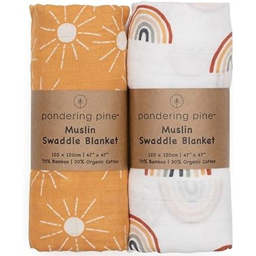 Organic Baby Muslin Swaddle Blankets for Boy or Girl - Sun and Rainbow Swaddling Blanket 2 Pack - Soft Muslin, XLarge and Breathable, Boho Baby, 47" X 47"