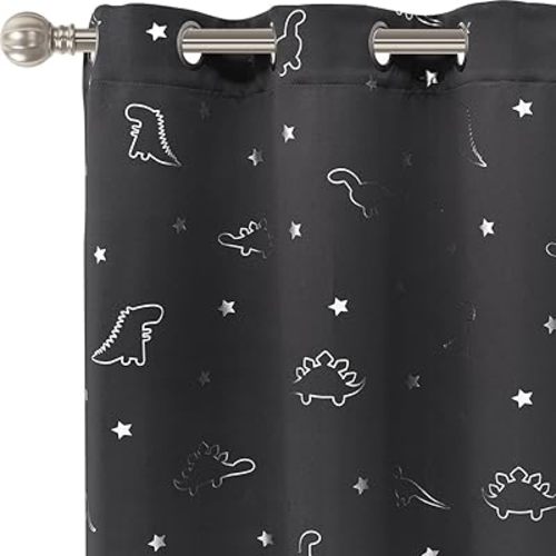 LORDTEX Dinosaur and Star Foil Print Blackout Curtains for Kids Room - Thermal Insulated Curtains Noise Reducing Window Drapes for Boys and Girls Bedroom, 42 x 63 Inch, Grey, Set of 2 Panels