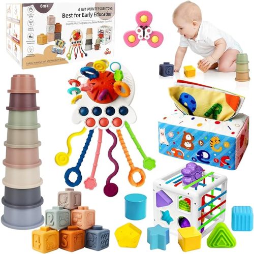 6 in 1 Montessori Toys for Babies 6-12 Months Up - Incl Pull String Toy, Stacking Cups, Tissue Box, Suction Cup Spinner, Stacking Blocks,Activity Cube, Baby Toys for 1 2 3 Year Old