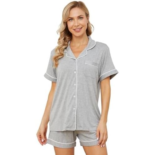 Womens Pajama Sets Short Sleeve Sleepwear Soft Button Down Nightwear Lounge Pj Set XS-XXL