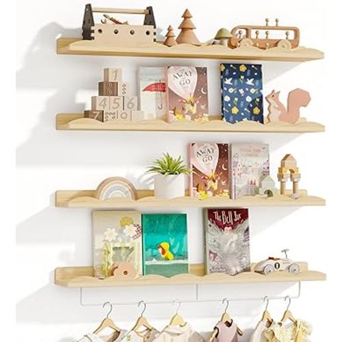 Fixwal Nursery Shelves, 24 Inch Floating Bookshelves for Wall Set of 4, Scalloped Wall Book Shelves with Towel Rack for Kids, Toddler Room, Baby Room, Nursery Decor and Storage(Natural Wood)