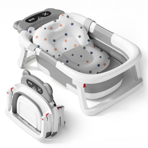 Babybond Collapsible Baby Bathtub For Infants And Toddlers With Thermometer& 1 Soft Floating Cushion Portable Travel Baby Tub,gray