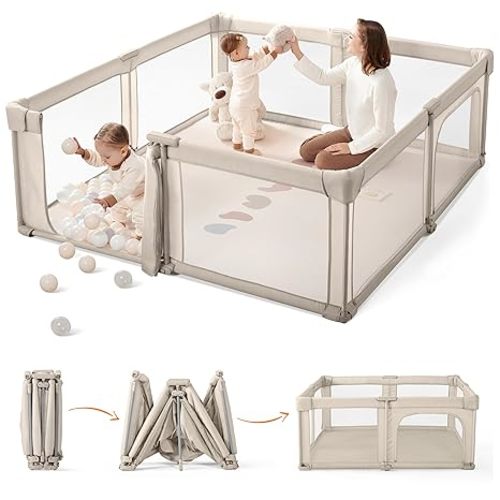Baby Playpen, 59x59 Inch Gate Foldable for Babies and Toddlers, Extra Large with Door Play Yard for Fence Indoor and Outdoor, Light Khaki