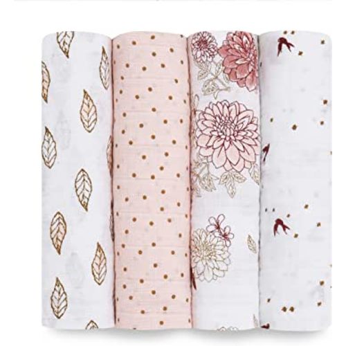 aden + anais Swaddle Blanket, Boutique Muslin Blankets for Girls & Boys, Baby Receiving Swaddles, Ideal Newborn & Infant Swaddling Set, Perfect Shower Gifts, 4 Pack, Dahlias