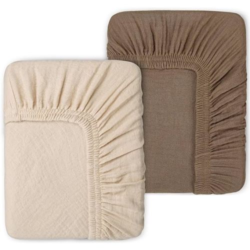 PET REJOIR 2 Pack Muslin Fitted Crib Sheets for Baby Girls & Boys-Neutral Breathable Crib Mattress Protector for Standard Crib Mattress(28"x 52")-Soft No Slip Cotton Bedding-Taupe Brown & Light Beige