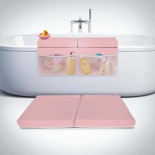 Memory Foam Bath Kneeler and Elbow Rest Pad Set, 2-Inch Thick, Water-Resistant Mat – Baby Bath Time Essentials Cushion and Bath Kneeling Pad for Bathing Baby with Bathtub Toy Organizer (Pink)