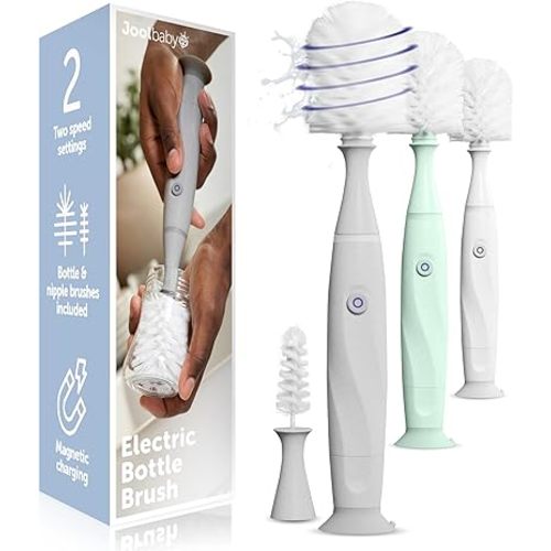 Jool Baby Electric Bottle Brush Cleaner – Faster & Easier Bottle Washing, Ergonomic, Rechargeable, Suction Cup Base (Gray)