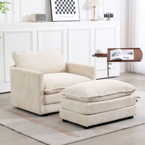 Hyleory Modern Corduroy Fabric Upholstered Accent Chair With Ottoman In Beige