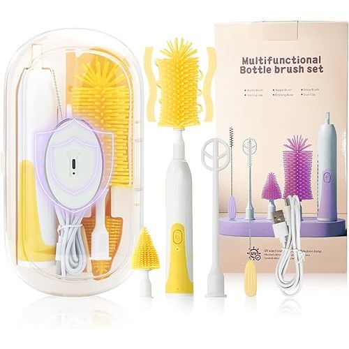 Electric Bottle Brush,Electric Baby Bottle Brush Set with Silicone Bottle/Pacifier/Straw Brush and Mixing Head, Cleaner Brush with Drying Rack, 2 Modes & 360° Rotation (Yellow)