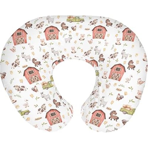 Cute Farm Animals Life Baby Nursing Pillow Covers for Boy Girl Cow Rooster Horse Goat Duck Pig Barn Truck Nursery Pillowcase for Breastfeeding Pillows Country Farmyard Soft Stretchy Slipcovers