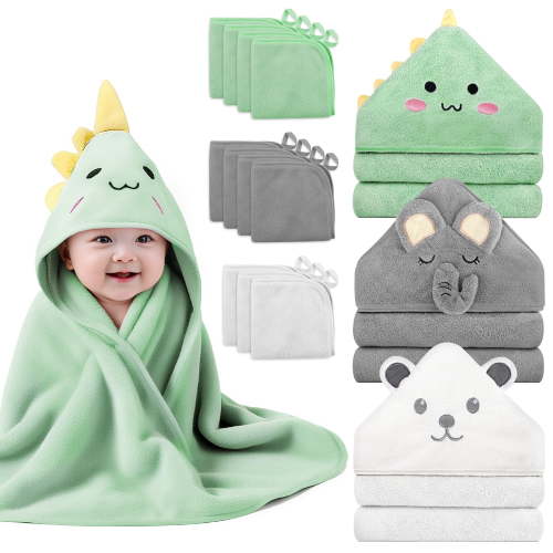 14 PCS Baby Towels, 3 PCS Soft Hooded Baby Towels & 11 PCS Washcloths, Baby Bath Towels for Newborns, Infants & Toddlers- Ultra Absorbent, Cute Baby Towel Gift for Boys