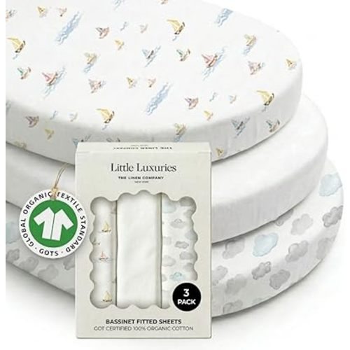 100% Organic Cotton Bassinet Sheets 3 Pack - (33 x 20 Inches) Baby Delight - GOTS Certified, Soft Breathable Percale Weave, Universal Fits Standard Oval & Rectangular Mattress - for Boys & Girls