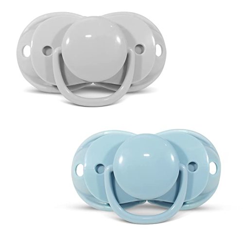 RaZbaby Keep-it-Kleen Baby Pacifier 2 Pack, 0-36M (Infant-3 yrs), Closes Automatically When Dropped, Silicone Orthodontic Nipple Stays Clean, Built-in Shield/Case, Easy to Clean – Blue/Grey - Grey/Blue