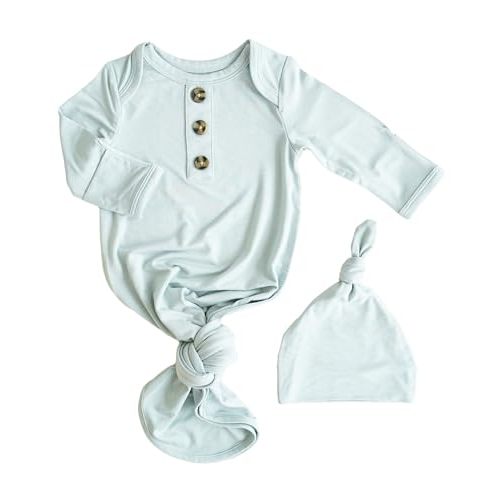 Caden Lane Newborn Knotted Gown with Hat, Soft Bamboo Viscose Baby Sleep Sack, Unisex Infant Nightgown, Breathable Sleepwear