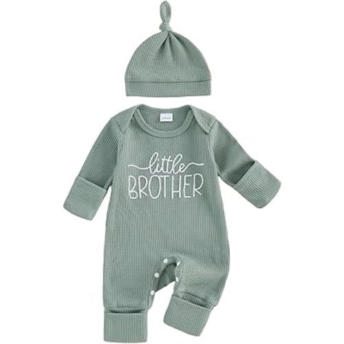 allshope Newborn Baby Boy Fall Outfit Romper Little Brother Lil Bro Long Sleeve Jumpsuit Bodysuit Cute Infant Waffle Clothes