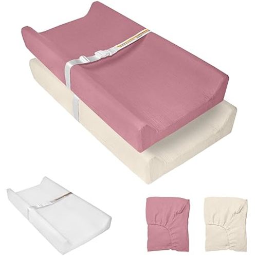 JVEOO Muslin Baby Changing Pad, 2 Pack Muslin Soft Cotton Covers & Waterproof Lining Foam Diaper Changing Table Pad 32" x 16.6" Mat for Dressers