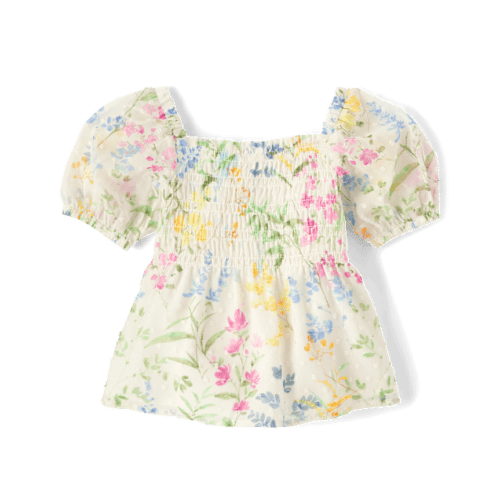 Girls Floral Smocked Ruffle Top - Garden Party - White