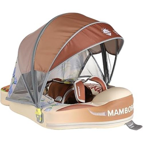 Mambobaby No-Flip Baby Pool Float with Canopy & Tail Non-Inflatable Swim Float for Infants, Pearl-Foam, UPF 50+ & Adjustable Safety Five-Way Harness, Skin-Friendly for Boys Girls 3-24 Months