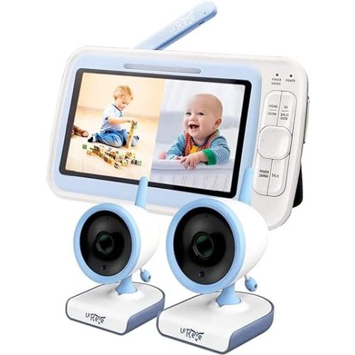 LeReve Low EMF 5" HD Baby Monitor with 2 Cameras, Auto Noise Reduction, Smart Baby Cry Detection, No WiFi, 20 Days Battery Life, 2-Way Talk, Lullabies, Room Temperature Display